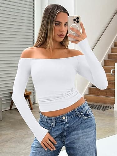 Trendy Queen Womens Long Sleeve Off The Shoulder Tops Going Out Cute Basic Y2K Fall Fashion 2025 Outfits Clothes thumbnail 5