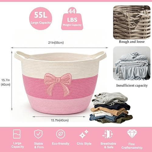 Laundry Basket Hamper for Clothes Blanket Stuffed Animal Storage Kids Pink | Blanket Storage Clothes Hamper Bow Woven Basket with Handles 55L for Girl Cute Aesthetic Room Laundry Nursery Decor Aesthetic thumbnail 3