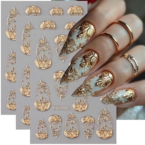 Gold Nail Art Stickers 3D Self-Adhesive Golden Foil Leaf Nail Decals Nail Art Supplies 3PCS Metallic Totem Leaves Summer Nails Design Embossed Sticker Manicure Sliders for Women DIY Nail Decorations - Image 1