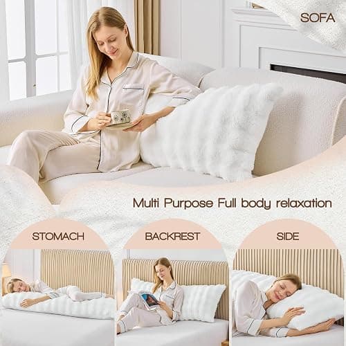 YZ HOME Faux Fur Fluffy Body Pillow for Adults - Firm Body Pillow Insert with Shredded Blue Memory Foam, Adjustable Height, Soft Support for Side Sleeping, Pregnant Women, Washable, 20x54 Inch (White) thumbnail 6