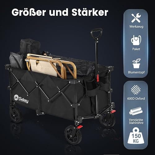 Sekey 220L Collapsible Foldable Wagon with 330lbs Weight Capacity, Heavy Duty Folding Wagon Cart with Big All-Terrain Wheels & Drink Holders (Black) - Black thumbnail 4