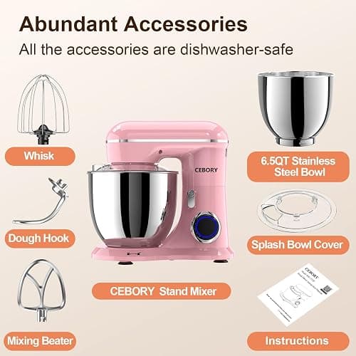 CEBORY 3-IN-1 Electric Stand Mixer, 6.5QT Bowl 660W 10-Speed Kitchen Mixer, Household Food Mixers include Dough Hook, Beater and Whisk, Bread Cake Mixer for Baking and Most Home Cooks, Pink thumbnail 3
