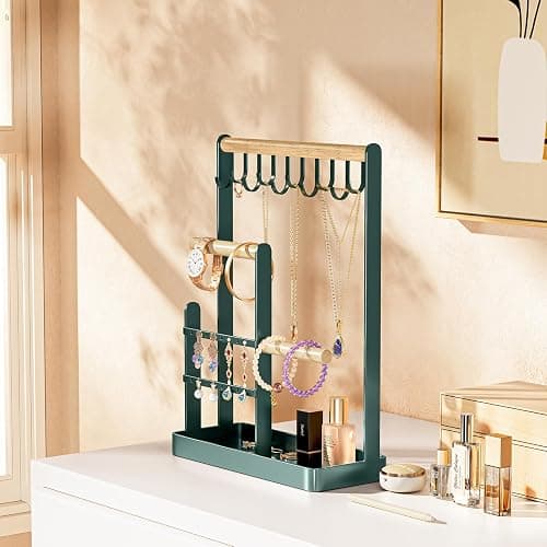 ProCase Jewelry Stand Holder Organizer, 4-Tier Necklace Holder with Ring Tray, 10 Hooks Necklaces Hanging Small Jewelry Display Storage Tower Tree for Bracelets Earrings Watches -Medium, Green thumbnail 7