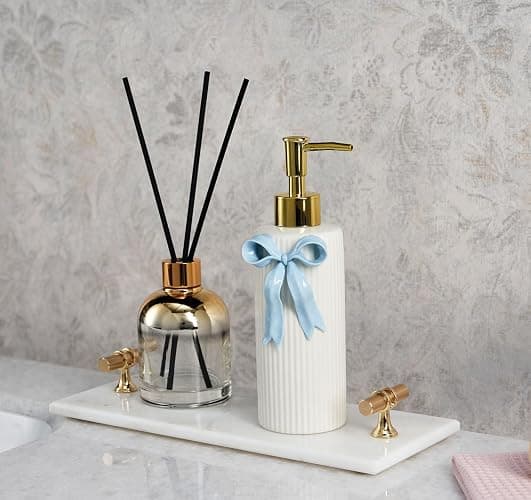 NEWHENGS Handmade Ceramic Bow Soap Pump Dispenser Hand Lotion Liquid Dispenser Refillable for Kitchen and Bathroom Decorative (Ribbon Blue) thumbnail 6