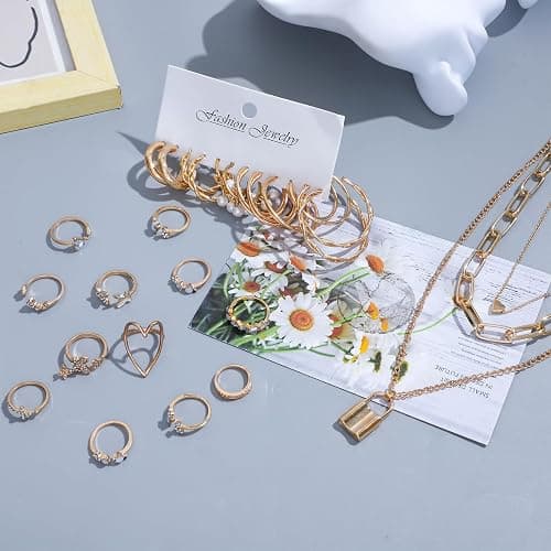 NEWITIN 49 Pieces Gold Jewelry Set for Women Fashion Costume Jewelry Gold Plated Necklace Bracelet Ring Earrings Set for Women thumbnail 3