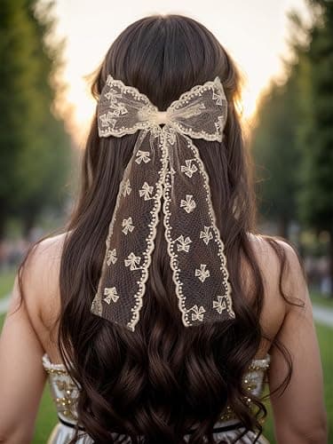 LFOUVRE Beige Lace Hair Bows with Embroidered Flowers - Bowknots, Barrettes, and Hair Clips with Long Tails for Women (3pcs) thumbnail 2