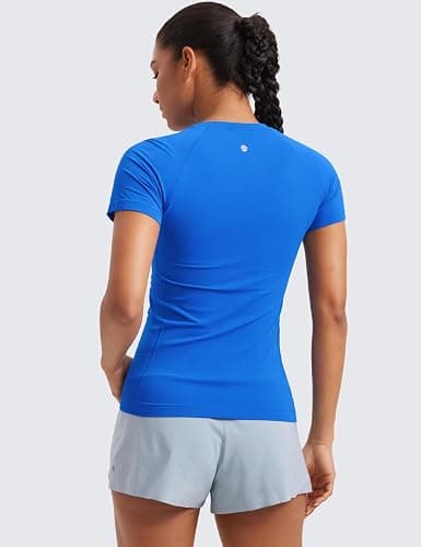 CRZ YOGA Seamless Workout Tops for Women Short Sleeve Athletic Tees Breathable Gym Running Yoga Shirts - Medium - Sparkle Blue thumbnail 2