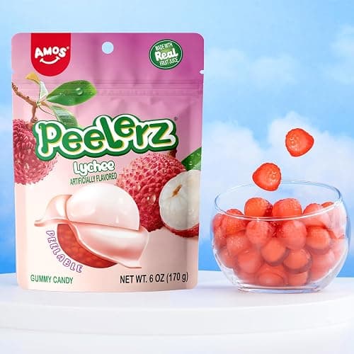 AMOS Peelerz Lychee Gummy Candy, Peelable Fruit-Shaped Candy | 6oz Resealable Pouch | Made with Real Fruit Juice, Fun & Chewy Snack for Holidays thumbnail 6