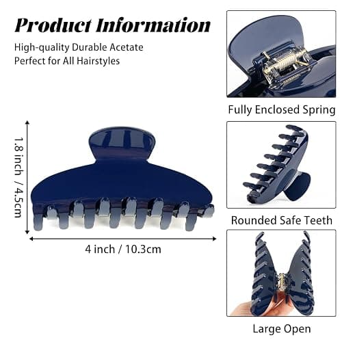 MAORULU Cute Claw Clip for Women – 4.3'' Large Acetate Hair Clips for Thick Thin Curly Long Hair, Durable Hair Clamps Non-slip Jaw Clip, Strong Hold, Stylish French Design (Navy Blue) thumbnail 3