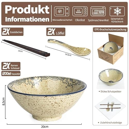 Ramen Schüssel Set 2 x 1200ml Keramik Ramen Bowl mit Essstäbchen und Löffeln,Japanisches Stil Porzellan Geschirr Suppenschüssel Groß Salatschüssel Pho Bowl,Mikrowelle & Spülmaschinenfest,Fisch thumbnail 3