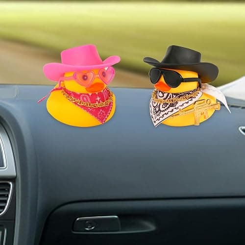 2pcs Rubber Duck Car Ornaments, Funny Rubber Ducks Car Dashboard Decorations Duck Car Accessories with Cowboy Hat Mini Scarf Necklace and Sunglasses for Car Desk Office Decor thumbnail 6