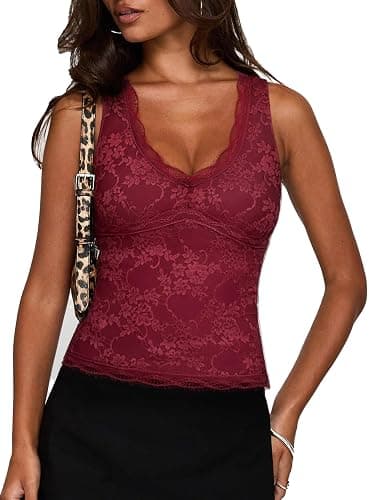 SUUKSESS Women Double Lined Lace V Neck Tank Top Summer Going Out Tops Sexy Trendy Shirts - Image 1