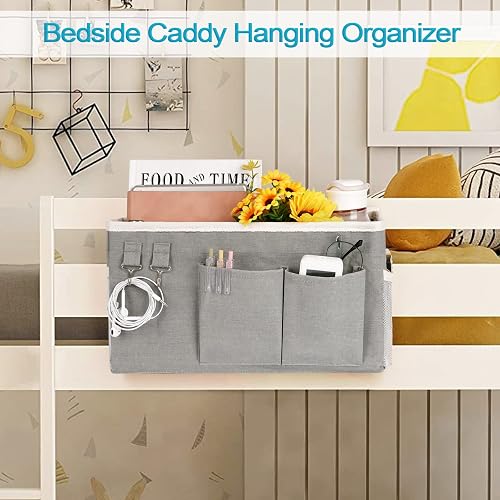 Loghot Bedside Caddy/Bedside Storage Bag Hanging Organizer for Bunk and Hospital Beds,Dorm Rooms Bed Rails,Can be Placed Glasses,Books,Mobile Phones,Keys (Grey) thumbnail 3