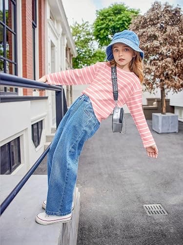 Arshiner Girls Striped Long Sleeve Shirts Drop Shoulder Casual Fashionable Crewneck Blouse Tee Tops thumbnail 6
