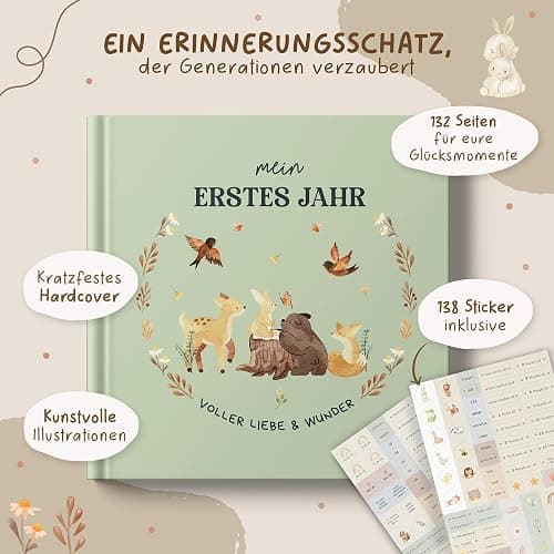 Mein erstes Jahr Babyalbum mit 138 Stickern | Babybuch zum Eintragen mit kreativen Vorlagen | Erinnerungsbuch Baby für Mädchen & Jungen | Babywunsch Liste | Babygeschenke zur Geburt Junge thumbnail 2