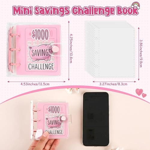 Mafegu Mini Money Saving Binder with 25 Envelopes, $1000 Savings Challenge Book, Portable for Budgeting Cash Planner,School Class Prize Gift (Pink, $1000) thumbnail 3