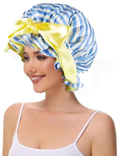 Vettres Silk Bonnet, Satin Hair Shower Cap for Sleeping Women 2025 Tie Band Adjustable Straps Head Wrap for Curly Hair Blue Stripe F thumbnail 5