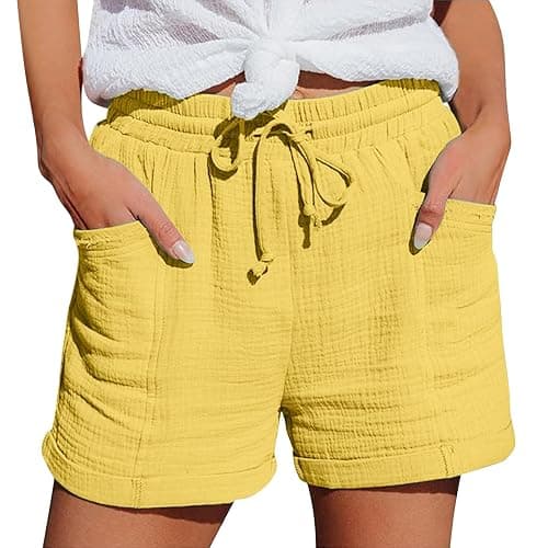 yxlaml Cotton Linen Shorts for Women Plus Size Elastic Waist Drawstring Summer Beach Shorts with Pockets - Image 1