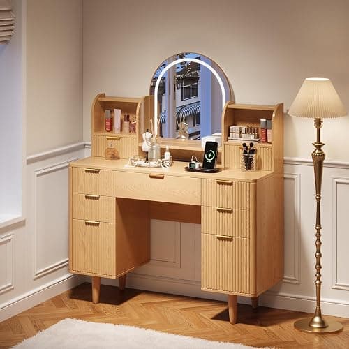 Oxirth Wood Vanity Desk with Mirror and Lights, Fluted Makeup Vanity Table with 7 Drawers and Storage, Oak Vanity, Boho Vanity, Make Up Dressing Table for Bedroom thumbnail 7