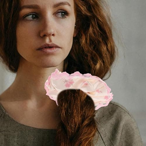 BETOOKY 2pcs Pink Lace Floral Satin Scrunchies Silk Hair Ties with Bow Knot, Stretchy Ponytail Holders thumbnail 6