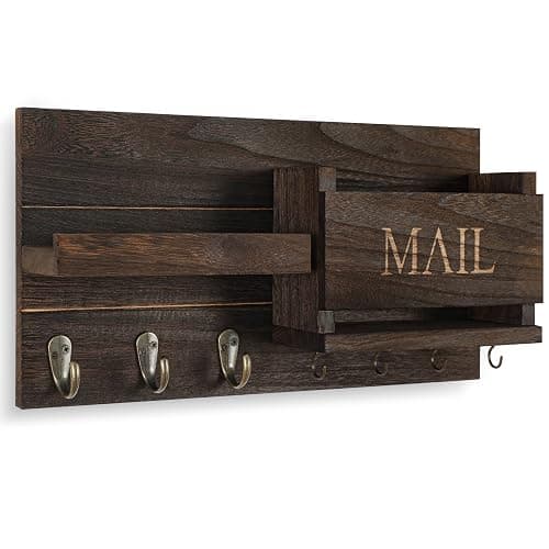 Lwenki Mail Organizer for Wall Mount – Key Holder with Shelf Includes Letter Holder and Hooks for Hallway Farmhouse Decor – Rustic Wood with Flush Mounting Hardware (16.5” x 9.1” x 3.4”) (Brown) thumbnail 3