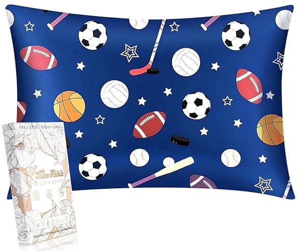 Miss Adola 1 Pack Kids Pillowcase - 30"x20" Queen Mulberry Silk Pillowcase for Hair and Skin 19 Momme Silk Pillow Case Cute Cartoon Kawaii Fun Pillowcase for Teens Boys Girls, Blue Ballgame