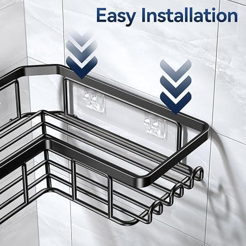 YASONIC Corner Adhesive Shower Caddy, with Soap Holder and 12 Hooks, Rustproof Stainless Steel Bathroom Organizer, No Drilling Wall Mounted Rack, Black, 3-Pack thumbnail 6