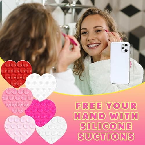 Teenyyou 6 Pcs Heart Suction Phone Grip, Silicone Suction Phone Case Sticky Mount Double Sided Hands-Free for Selfies Videos Mobile Devices Mirror Glass(Pink Series) thumbnail 5