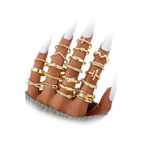 Dodder Gold Stackable Rings Set for Women, Gold Plated Chunky Crystal Finger Midi Stacking Rings, Dainty Statement Thumb Knuckle Rings Pack for Gift, Multiple Sizes Jewelry - Image 1