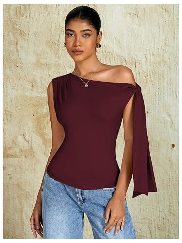 Milumia Women's One Off The Shoulder Tank Tops Asymmetrical Going Out Top | Ruched, Tie Side, Fitted, Workwear, Business Casual, Trendy, Date Night, Sleeveless Tee Tops thumbnail 3