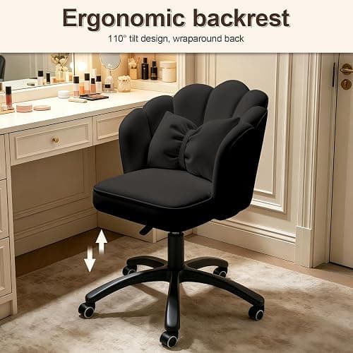 XUEGW Petal Desk Chair with Bow Cushion Velvet Vanity Chair with Wheels, Upholstered Home Office Chair for Girls Women, Mid-Back Swivel Computer Task Chairs for Living Room Bedroom thumbnail 7