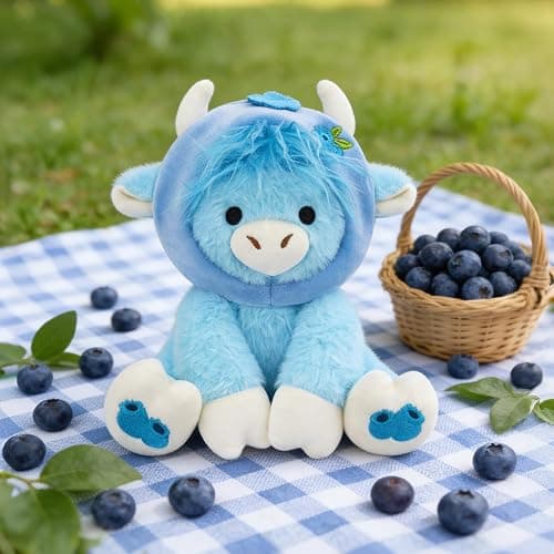 JIZWPOOM Highland Cow Plush-8inch Blueberry Highland Cow Stuffed Animal, Cute Stuffed Toys with Blueberry Removable Hood Doll, Kawaii Soft Decorations Stuffy Gift for Kids Girls Boys Toddler Birthday thumbnail 2