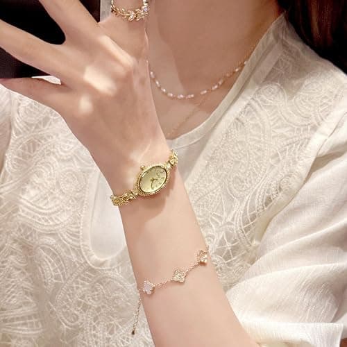 CARLIEN Fashion Vintage Gold Oval Quartz Watches for Women - Alloy Steel Band Slim Bracelet - Roman Numerals Numbers - Dainty Elegant Dress Wristwatch Waterproof thumbnail 6