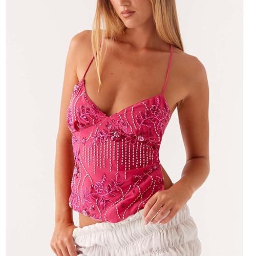 TERIVEEK Women Y2K Sequin Cami Top Sexy Low Cut V Neck Open Back Tank Summer Cute Sparkle Criss Cross Straps Crop Halter Tops thumbnail 2