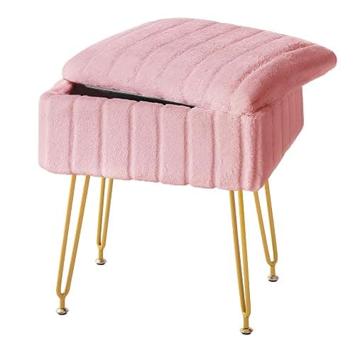 FUXA Vanity Stool with Storage, Pink Vanity Chair 4 Metal Legs with Anti-Slip Feet, Faux Fur Soft Padded Seat, Cute Small Footstool Ottoman, Modern Multifunctional Chairs for Makeup Bedroom - Image 1