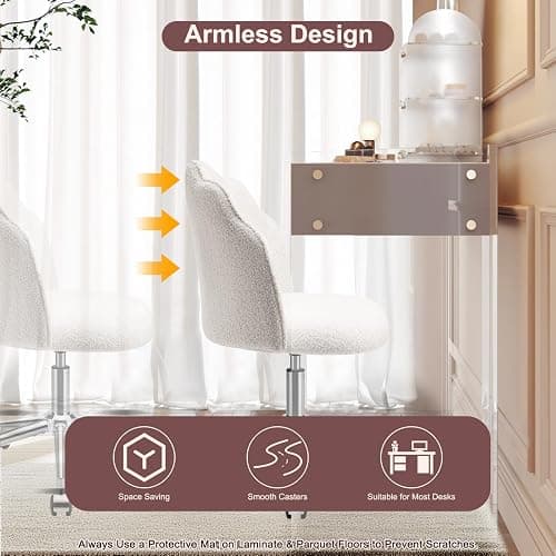Eufurnibi Vanity Chair for Dressing Table with Wheels, Boucle Desk Chair for Bedroom, Swivel Armchair for Home, Height Adjustable&Easy Assembly, White/Beige thumbnail 7