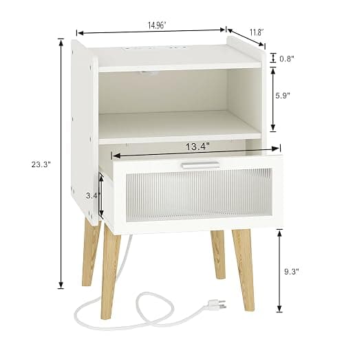 MMEOLUOOK Nightstand with Charging Station, Bedside Tables with Glass Decorative Door, End Table Side Table with 2 Tiers Storage Space, for Bedroom, Living Room, White CAMLBZ07WE thumbnail 3