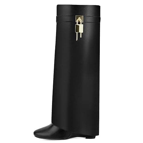 HYYH CFPL Fold Over Knee High Boots for Women Pointy Pull-on Wedge Heel Knee Shark Boot With Side Zipper Covered Wedge Heel Padlock Boot - Image 1