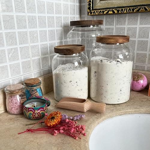 BEECO GIF2U 66 oz Bath Salts Glass Jar with Wooden Lid and Scoop,Bathroom Decor Container,Airtight Storage Bathtub Accessories for Women thumbnail 5