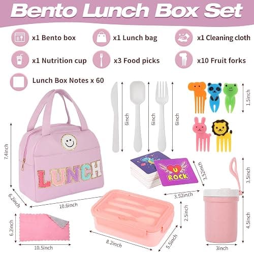 77 Pieces Bento Box Lunch Box Kit Large Pink Insulated Lunch Bag 3 Layer Stackable Leakproof Lunch Box Containers with Cup,Lunch Bag,Spoon,Fork,60 Pieces Lunch Box Notes for Girl Women (Purple) thumbnail 2
