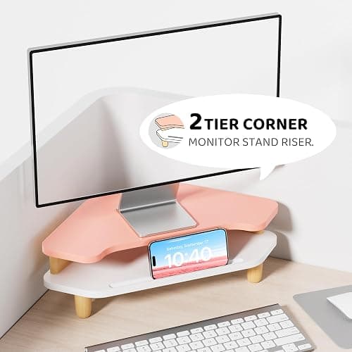 AFOOYO Monitor Stand Riser,2 Tier Corner Wood Monitor Stand Sturdy Computer Stand Multi-Purpose Desktop Storage Stand for Laptop,PC,iMac,Printer,Computer,Pink thumbnail 3