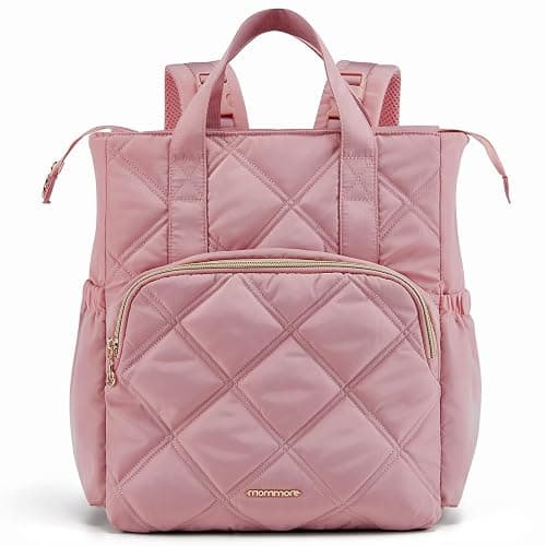 mommore Quilted Diaper Bag Backpack, Small Baby Bags, Lightweight Mini Diaper Backpack for Travel, with Insulated Pockets, Changing Pad (Pink) - Image 1