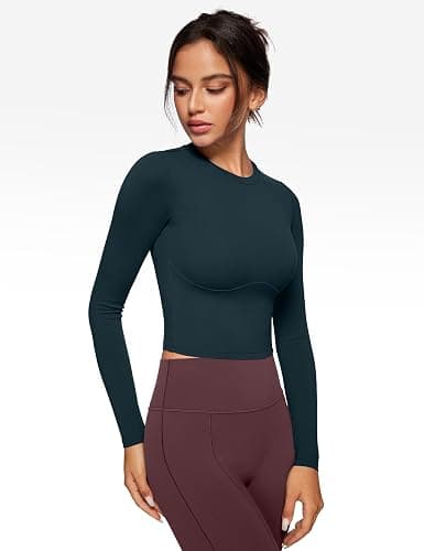 INGIA Womens Long Sleeve High Round Neck Crop Yoga Shirts Workout Slim Fit Casual Yoga Gym Tops thumbnail 3