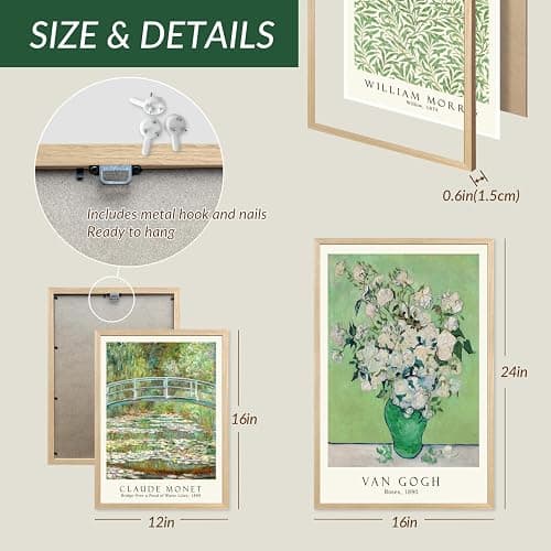 FASWQ Wood Framed Monet Van Gogh William Morris Wall Art, Grass Botanical Wall Decor, Mid Century Impressionist Canvas Paintings, Modern Green Landscape Poster Print for Living Room Bedroom 12"x16"x3 thumbnail 7