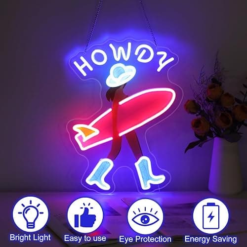 Howdy and Aloha Cowgirl Surf Girl Neon Sign, Howdy Cowgirl wall decor LED Light, Girly Wall Art Neon Sign, Coastal Cowgirl Brown Haired, 11.9"x16.5" thumbnail 3