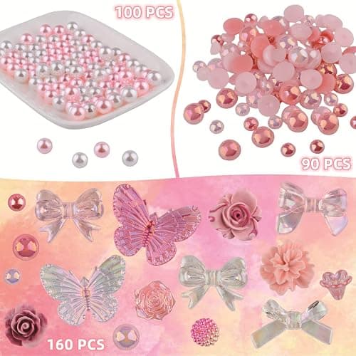 Kikonoke 350 Pieces 3D Resin ABS Colorful Rose Flower Bows Butterfly Charms with Flatback Half Round Pearl Beads for Bracelet Earring Necklace Craft DIY Making Supplies thumbnail 3