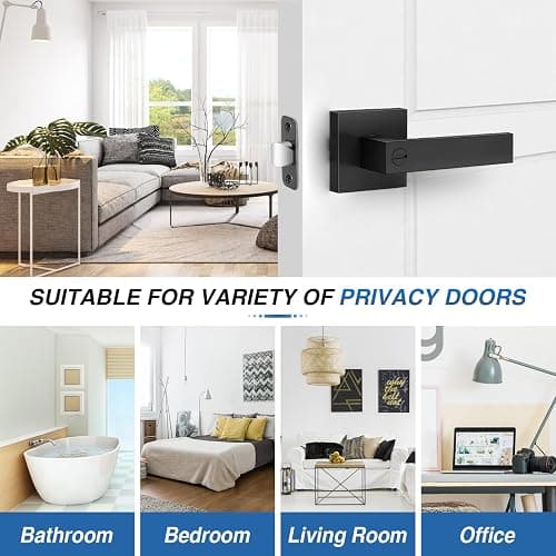 Plustool 8 Pack Matte Black Door Handles, Keyless Interior Door Knobs, Privacy Door Lever Locksets for Bedroom Bathroom, Heavy Duty Square Door Lock (2.0lb), Reversible for Left&Right Handled Doors thumbnail 6