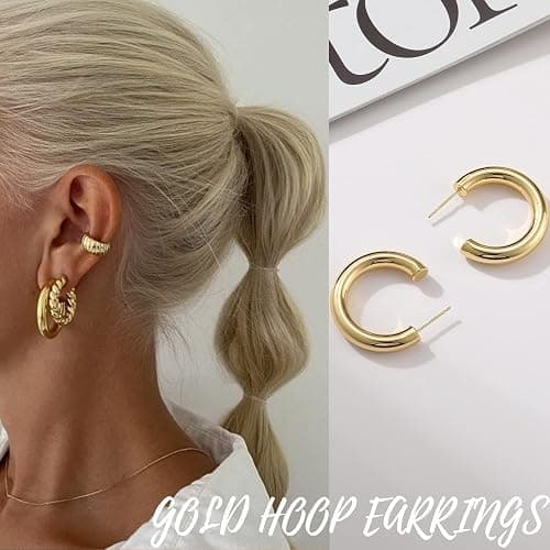 Gold Hoop Earrings Set for Women, 14K Gold Plated Lightweight Hypoallergenic Chunky Open Hoops Set for Gift thumbnail 4