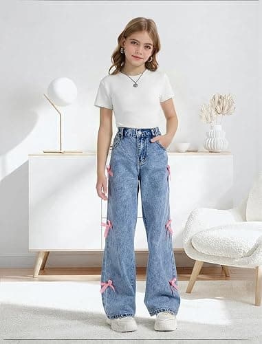 Peakpride Baggy Jeans for Girls Wide Leg High Elastic Waisted Cute Bow Denim Y2k Pant Trendy Boyfriend Skater Streetwear thumbnail 7