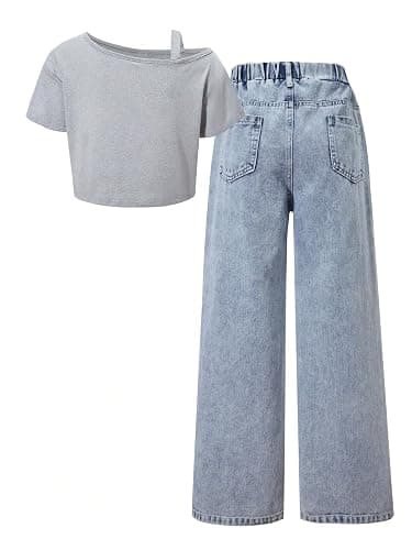 OYOANGLE Girl's 2 Pieces Outfits Y2K Letter Print Top Shirts and Denim Loose Long Pants Jeans Sets thumbnail 2
